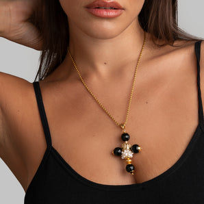 Collana Croce con Mora di Perle  coltivate e Onice nera