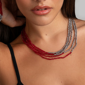 Collana Cinque Fili con Ematite e Cristalli Rosso Rubino