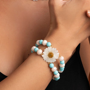 Daisy Flower Bracelet with Turquoise Paste and Crystals