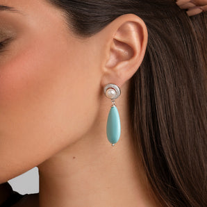 Turquoise Paste Drops Earrings, Silver, Zircons and Pearls