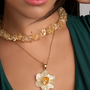 Citrine Quartz Necklace with Crystallized Narcissus Flower