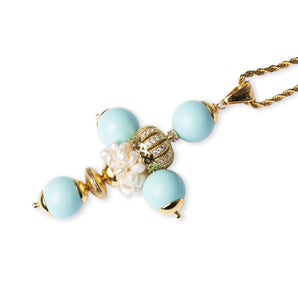 Cross Necklace with Cultured Pearls and Turquoise Paste