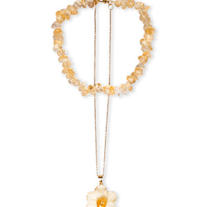 Citrine Quartz Necklace with Crystallized Narcissus Flower