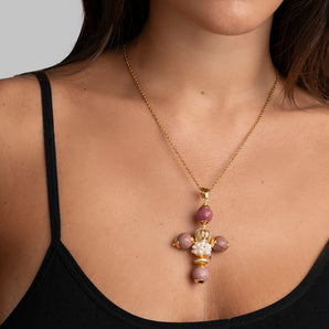 Handcrafted Cross Necklace with Cultured Pearls and Pink Rhodonite