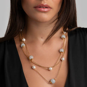 Necklace with White Pearls and Aquamarine Jade