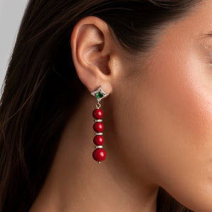 Red Coral and Silver and Green Zircon Earrings