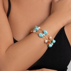 Gemstone bracelet made of turquoise paste, carnelian and white cultured pearls