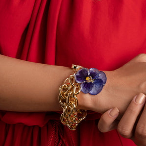 Golden Chain Bracelet with Pansy Flower