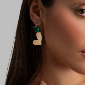 Asymmetric Earrings with Green Crystals mounted on Golden Brass