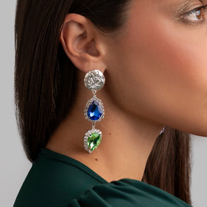 Asymmetric Earrings with Peridot Green and Sapphire Blue Rhinestones