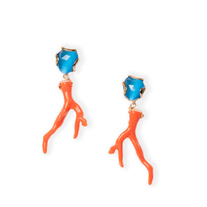 Red Coral Earrings in Resin and Blue Crystals