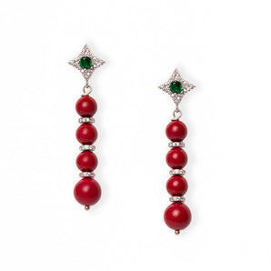 Red Coral and Silver and Green Zircon Earrings