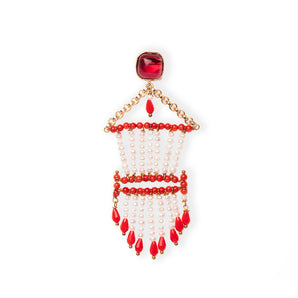 Single earring Cultured freshwater pearls and red bamboo coral