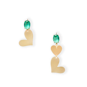 Asymmetric Earrings with Green Crystals mounted on Golden Brass