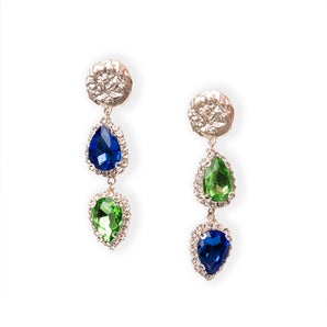 Asymmetric Earrings with Peridot Green and Sapphire Blue Rhinestones