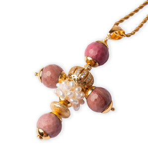 Handcrafted Cross Necklace with Cultured Pearls and Pink Rhodonite